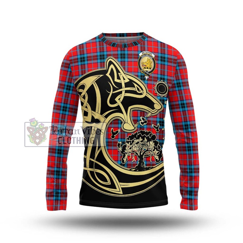 McTavish Modern Tartan Long Sleeve T-Shirt with Family Crest Celtic Wolf Style