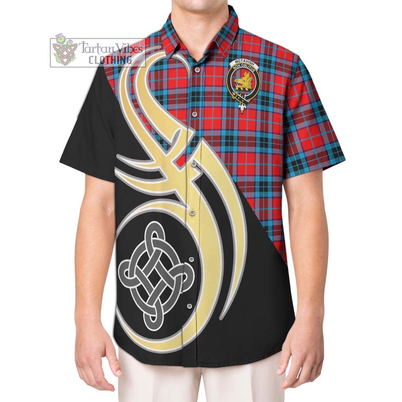 McTavish Modern Tartan Short Sleeve Button Shirt with Family Crest and Celtic Symbol Style