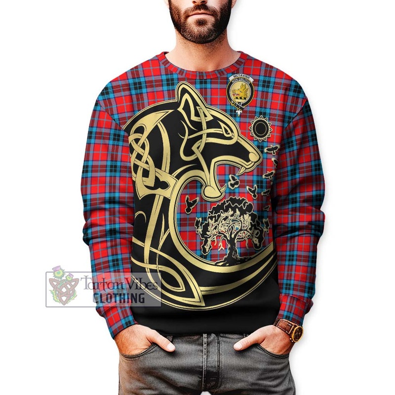 McTavish Modern Tartan Sweatshirt with Family Crest Celtic Wolf Style