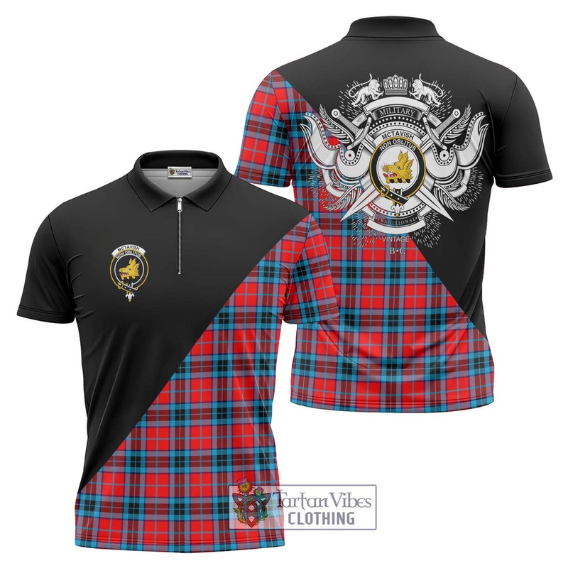 McTavish Modern Tartan Zipper Polo Shirt with Family Crest and Military Logo Style