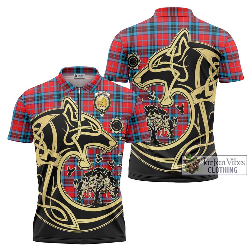 McTavish Modern Tartan Zipper Polo Shirt with Family Crest Celtic Wolf Style