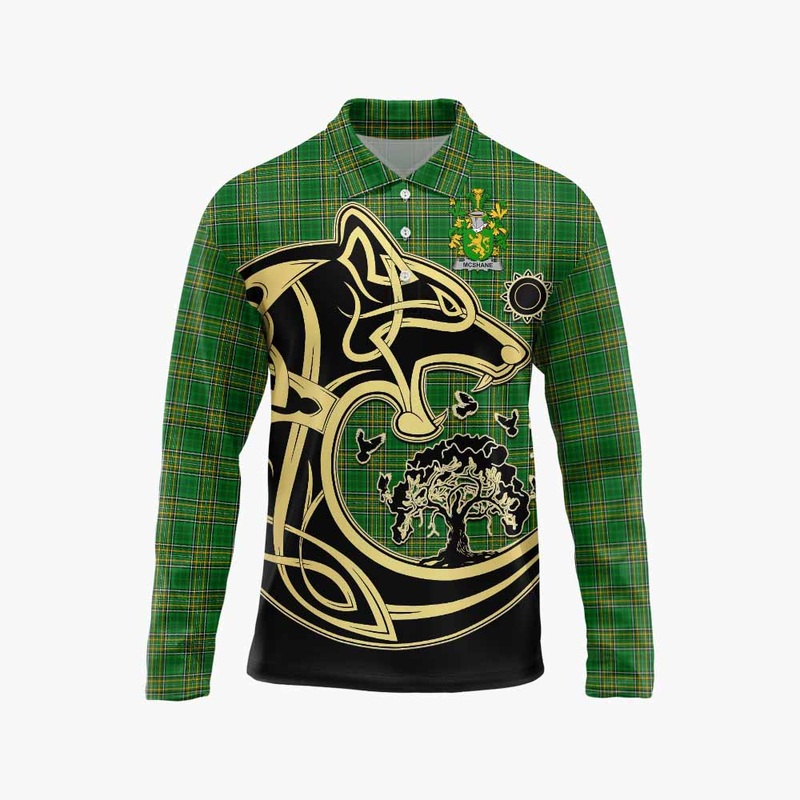 McShane Irish Tartan Long Sleeve Polo Shirt with Coat of Arms Celtic Wolf Style