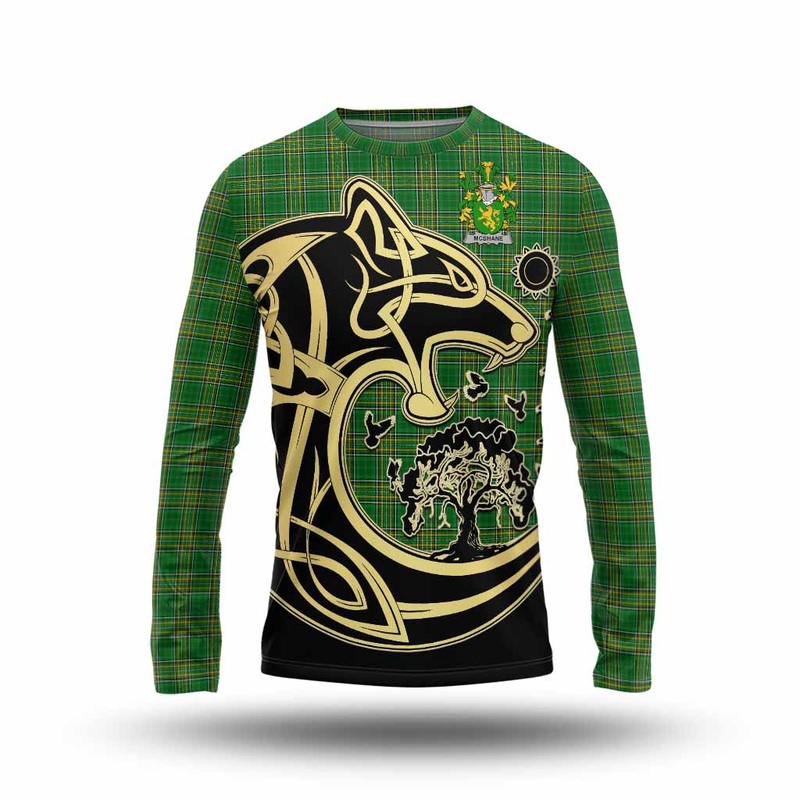 McShane Irish Tartan Long Sleeve T-Shirt with Coat of Arms Celtic Wolf Style
