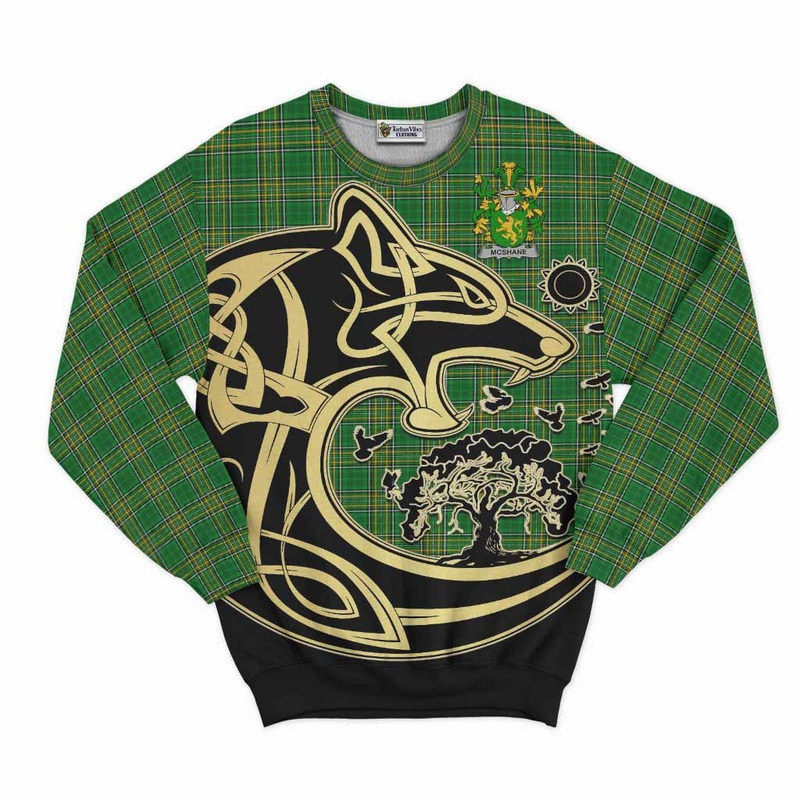 McShane Irish Tartan Sweatshirt with Coat of Arms Celtic Wolf Style