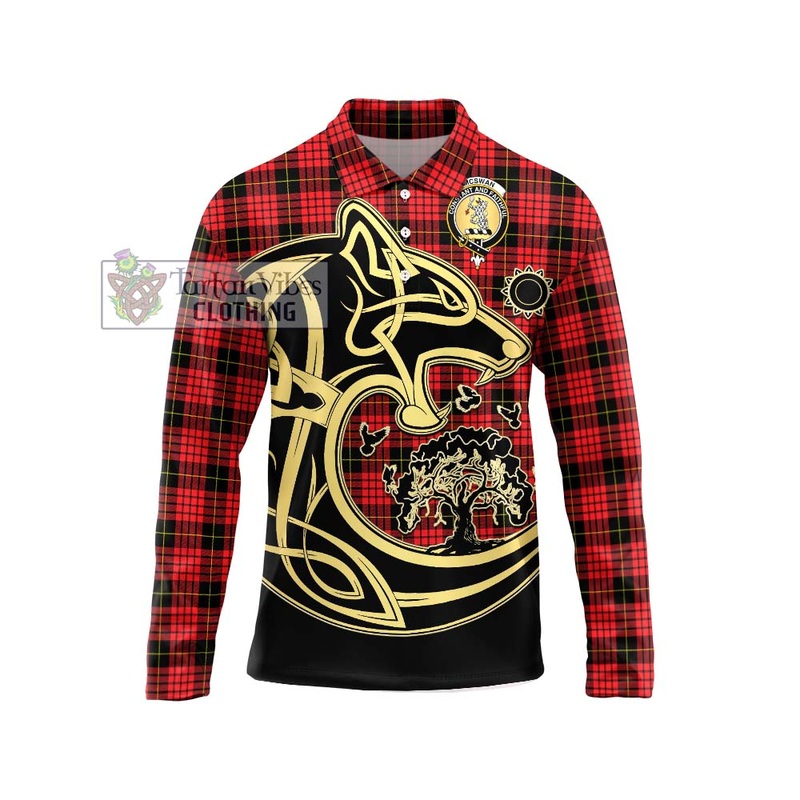 McSwan Modern Tartan Long Sleeve Polo Shirt with Family Crest Celtic Wolf Style