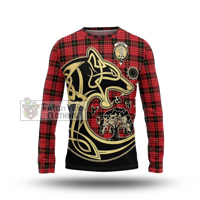 McSwan Modern Tartan Long Sleeve T-Shirt with Family Crest Celtic Wolf Style