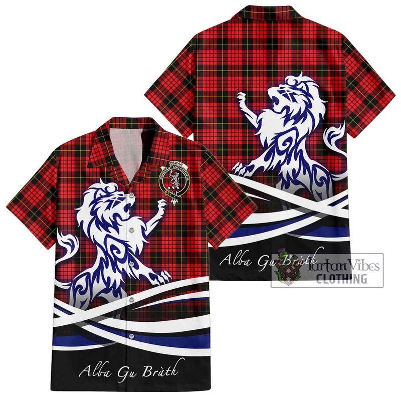 McSwan Modern Tartan Short Sleeve Button Shirt with Alba Gu Brath Regal Lion Emblem