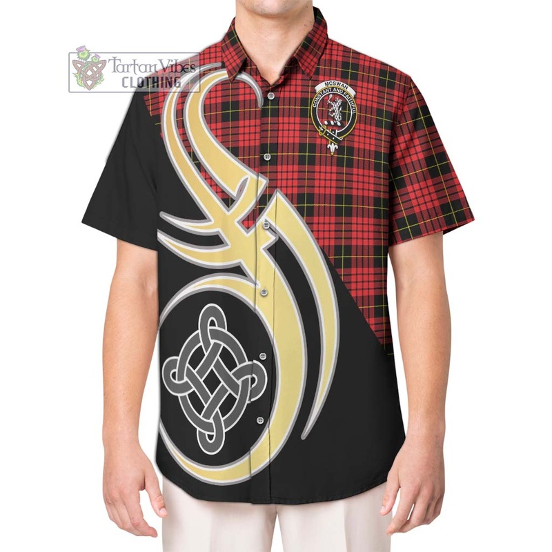 McSwan Modern Tartan Short Sleeve Button Shirt with Family Crest and Celtic Symbol Style