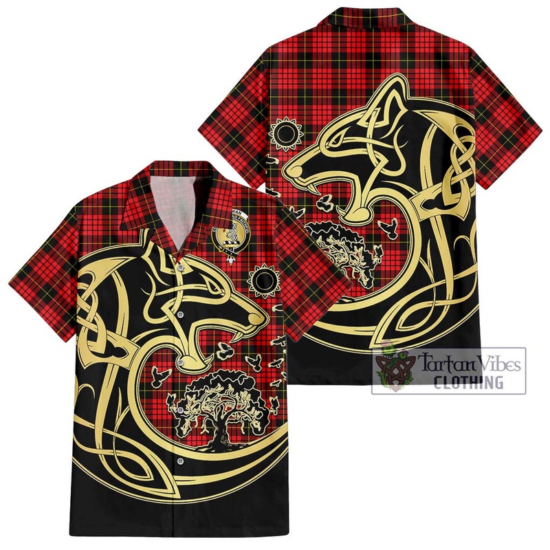 McSwan Modern Tartan Short Sleeve Button Shirt with Family Crest Celtic Wolf Style