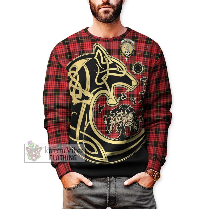 McSwan Modern Tartan Sweatshirt with Family Crest Celtic Wolf Style