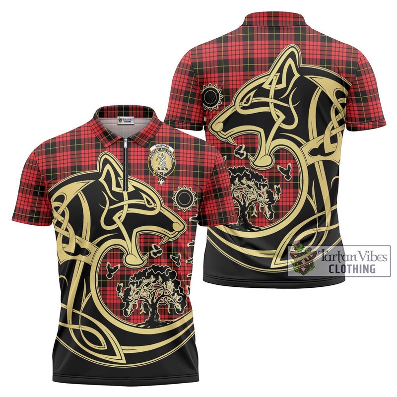 McSwan Modern Tartan Zipper Polo Shirt with Family Crest Celtic Wolf Style