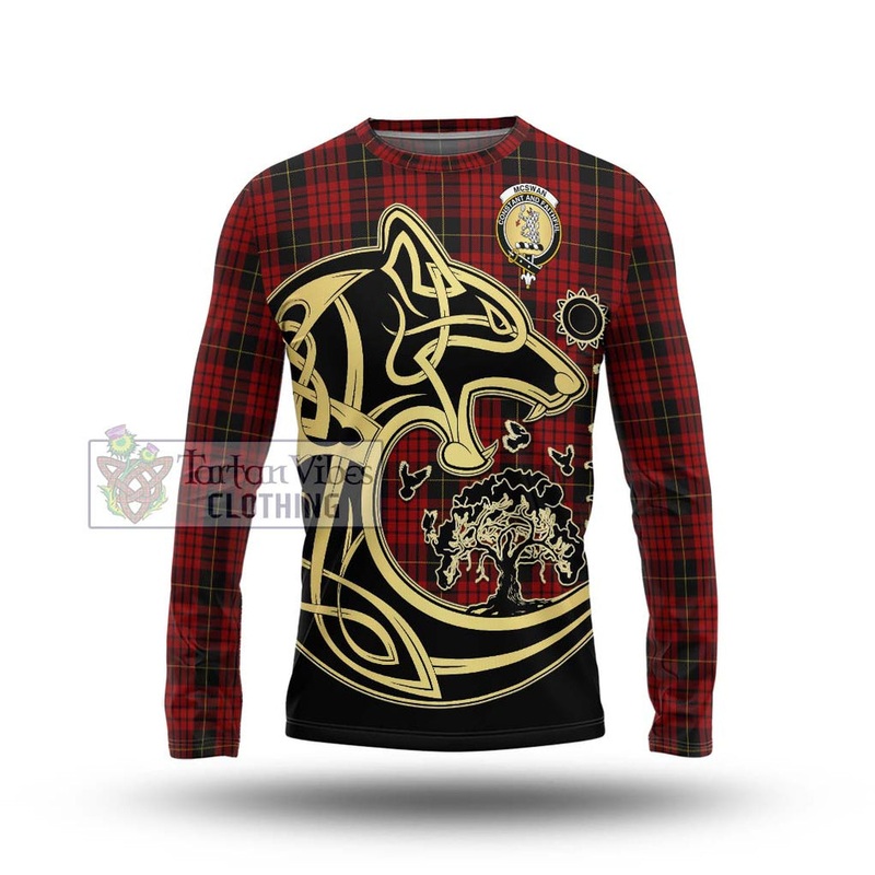 McSwan Tartan Long Sleeve T-Shirt with Family Crest Celtic Wolf Style
