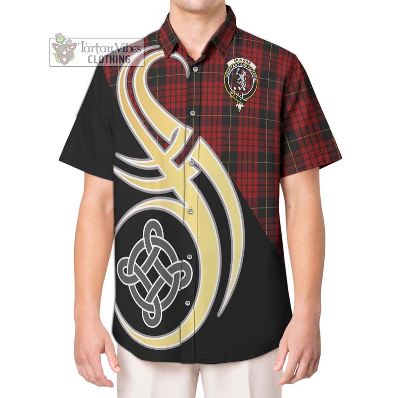 McSwan Tartan Short Sleeve Button Shirt with Family Crest and Celtic Symbol Style