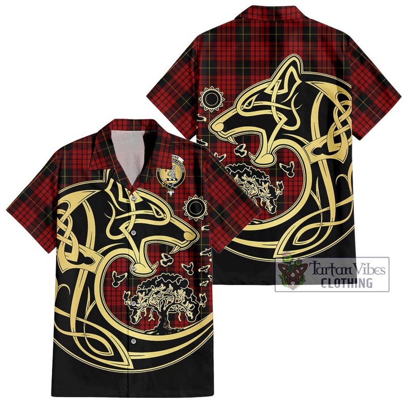 McSwan Tartan Short Sleeve Button Shirt with Family Crest Celtic Wolf Style