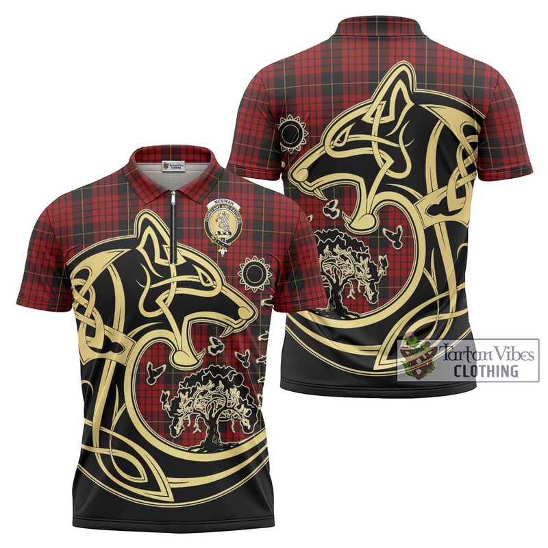 McSwan Tartan Zipper Polo Shirt with Family Crest Celtic Wolf Style