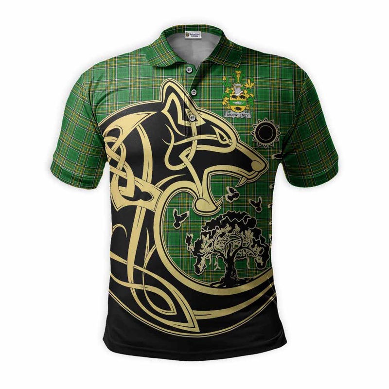 McSweeney Irish Tartan Polo Shirt with Coat of Arms Celtic Wolf Style