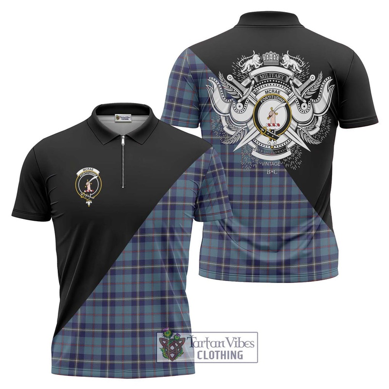 McRae of America Tartan Zipper Polo Shirt with Family Crest and Military Logo Style