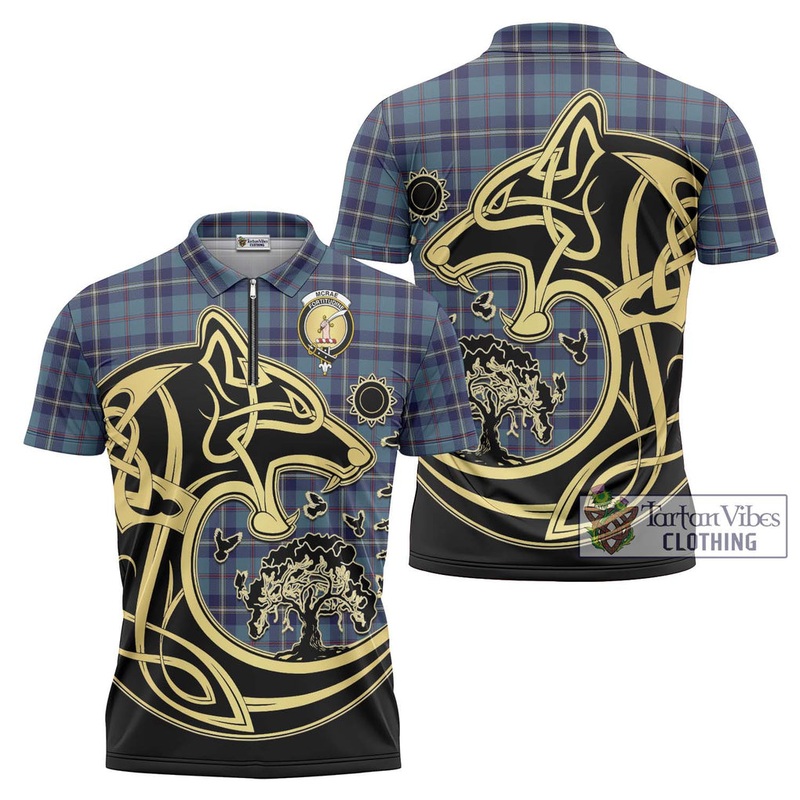 McRae of America Tartan Zipper Polo Shirt with Family Crest Celtic Wolf Style