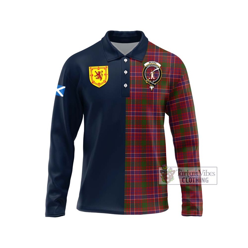 McRae Red Tartan Long Sleeve Polo Shirt Alba with Scottish Lion Royal Arm Half Style