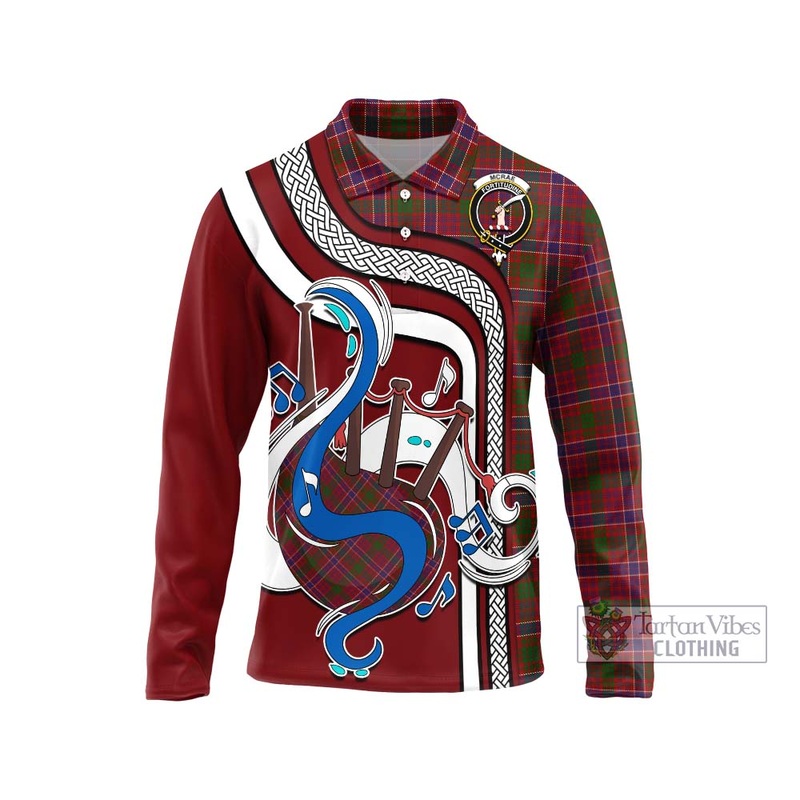 McRae Red Tartan Long Sleeve Polo Shirt with Epic Bagpipe Style
