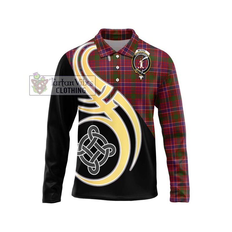 McRae Red Tartan Long Sleeve Polo Shirt with Family Crest and Celtic Symbol Style
