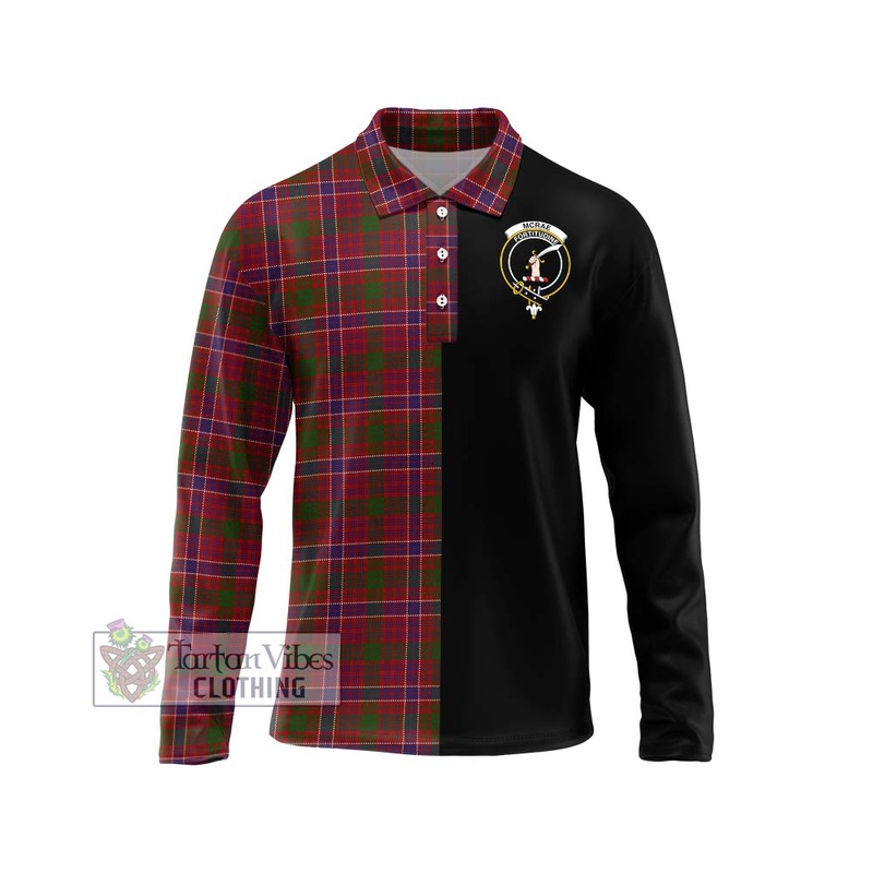 McRae Red Tartan Long Sleeve Polo Shirt with Family Crest and Half Of Me Style