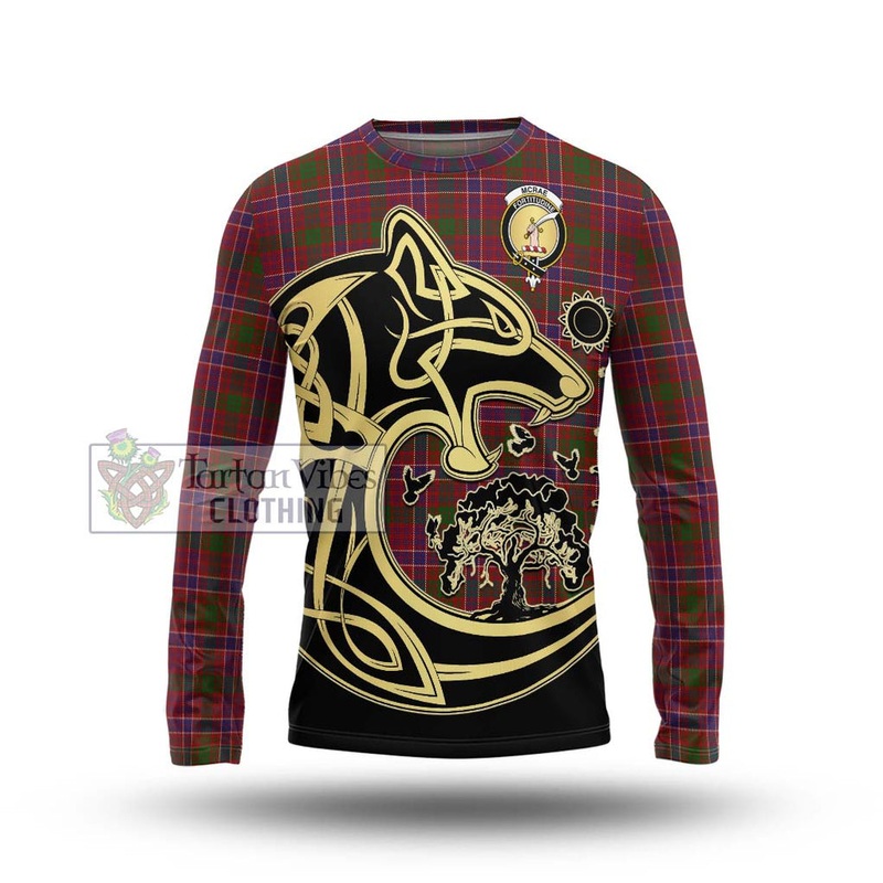 McRae Red Tartan Long Sleeve T-Shirt with Family Crest Celtic Wolf Style