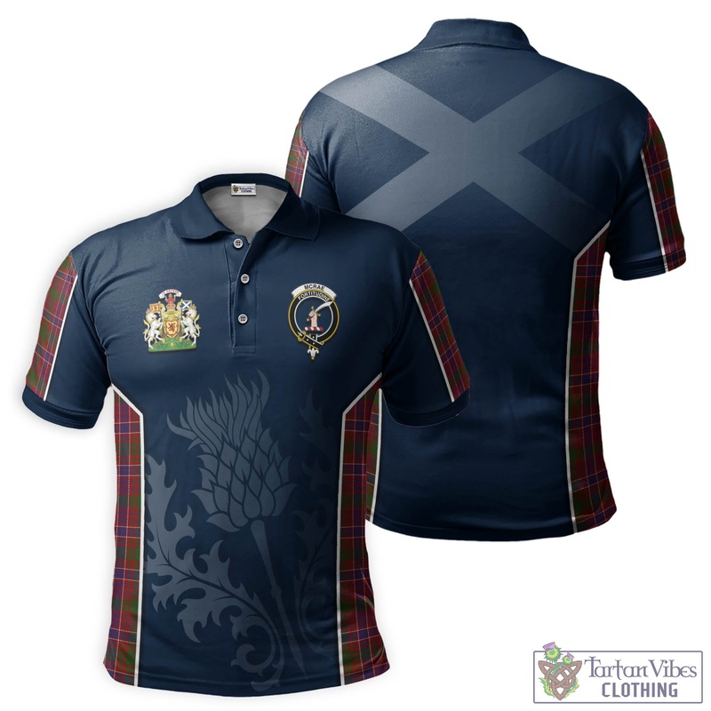 McRae Red Tartan Men's Polo Shirt with Family Crest and Scottish Thistle Vibes Sport Style