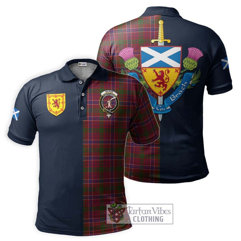 McRae Red Tartan Polo Shirt Alba with Scottish Lion Royal Arm Half Style