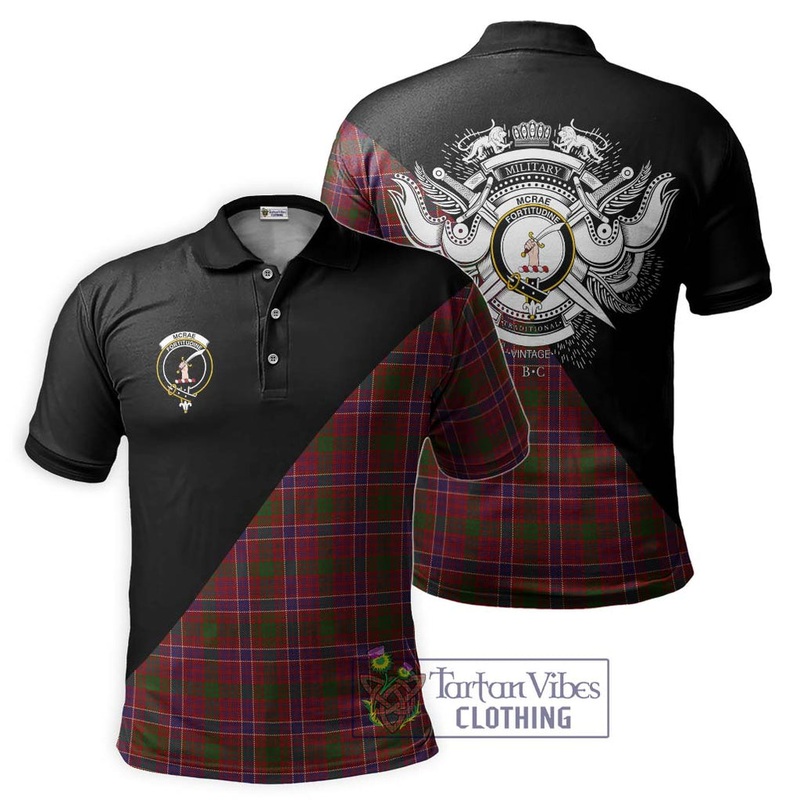 McRae Red Tartan Polo Shirt with Family Crest and Military Logo Style