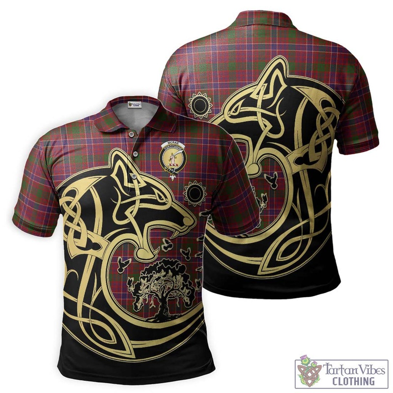 McRae Red Tartan Polo Shirt with Family Crest Celtic Wolf Style