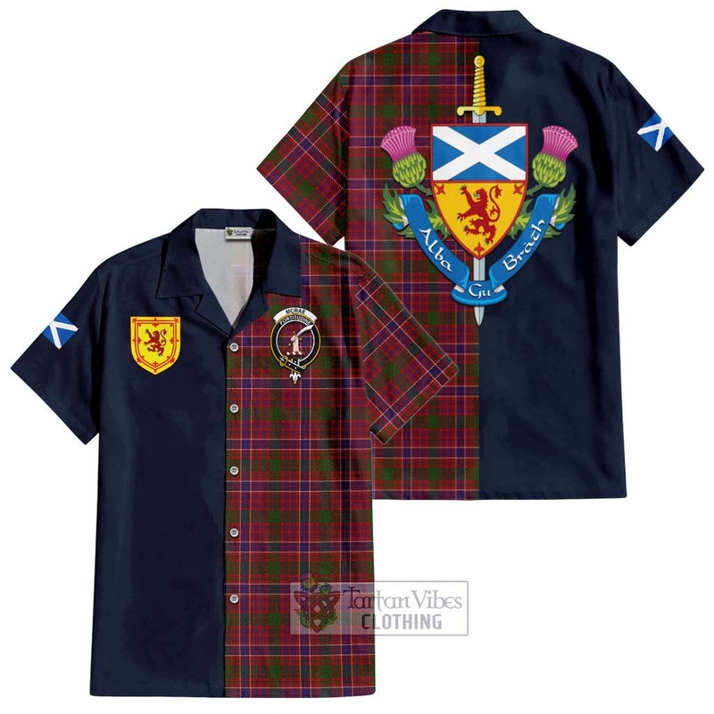 McRae Red Tartan Short Sleeve Button Shirt Alba with Scottish Lion Royal Arm Half Style