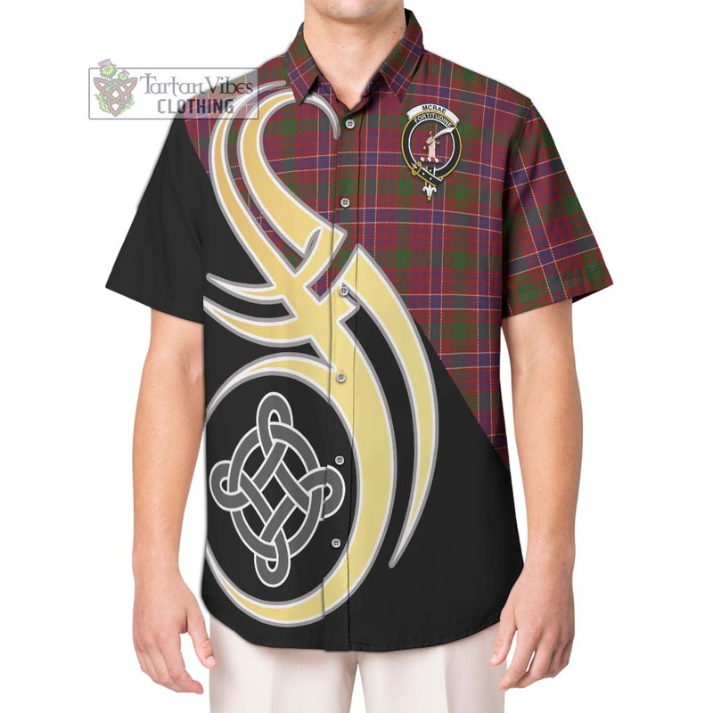 McRae Red Tartan Short Sleeve Button Shirt with Family Crest and Celtic Symbol Style