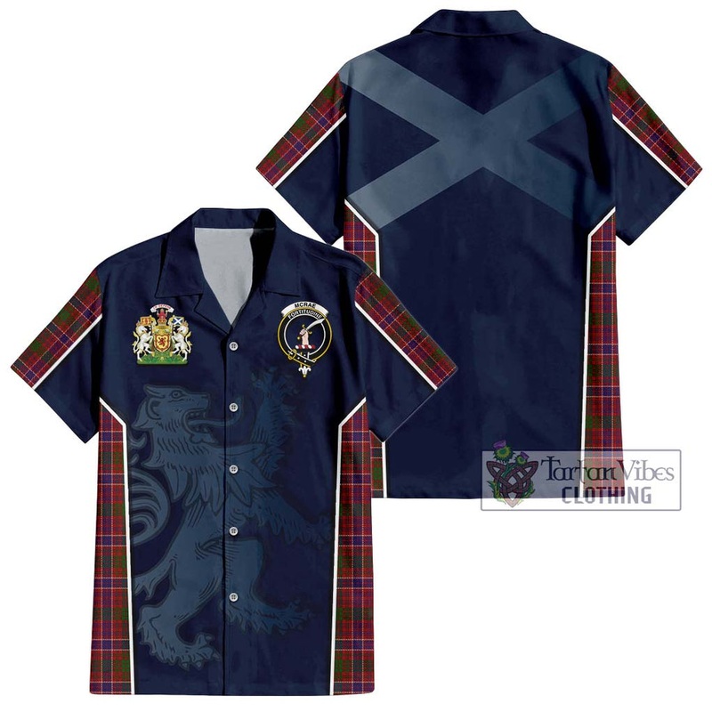 McRae Red Tartan Short Sleeve Button Shirt with Family Crest and Lion Rampant Vibes Sport Style