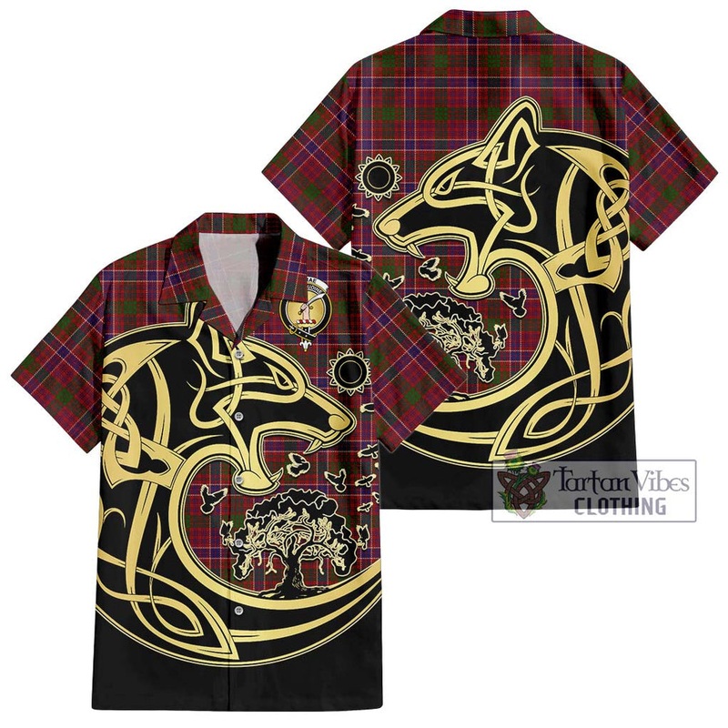 McRae Red Tartan Short Sleeve Button Shirt with Family Crest Celtic Wolf Style