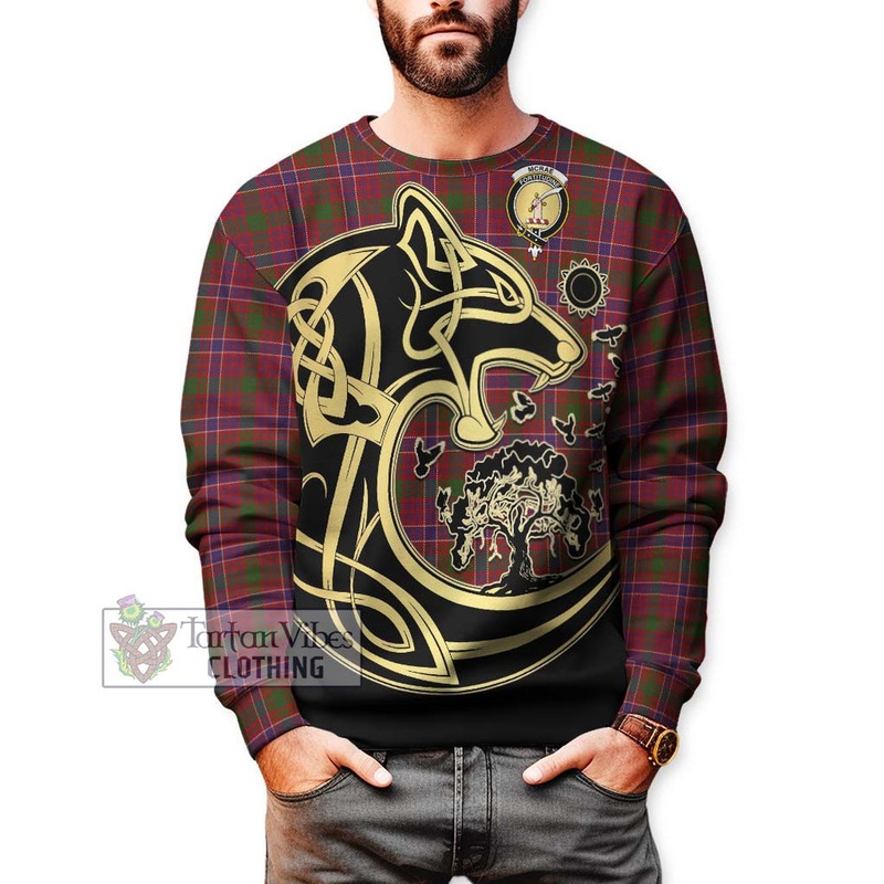 McRae Red Tartan Sweatshirt with Family Crest Celtic Wolf Style