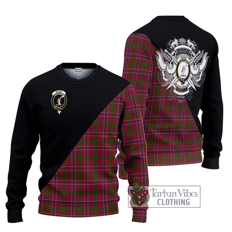 McRae Red Tartan Ugly Sweater with Family Crest and Military Logo Style