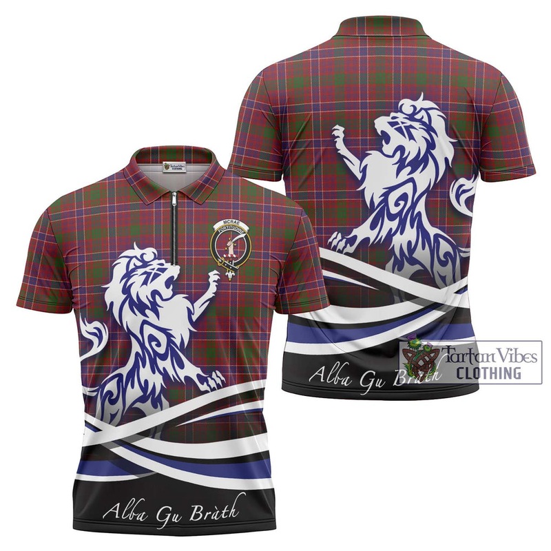 McRae Red Tartan Zipper Polo Shirt with Alba Gu Brath Regal Lion Emblem