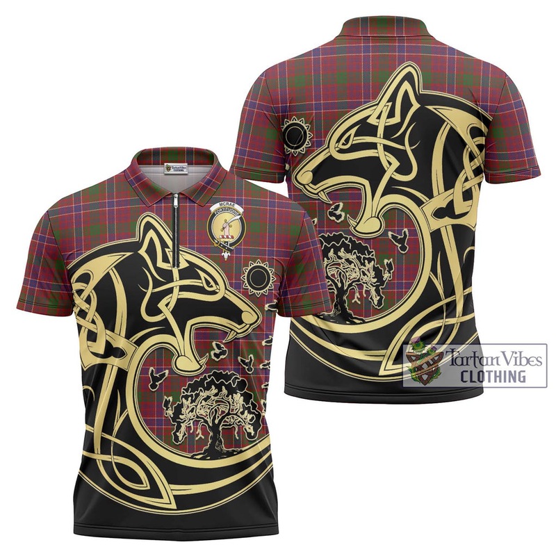 McRae Red Tartan Zipper Polo Shirt with Family Crest Celtic Wolf Style