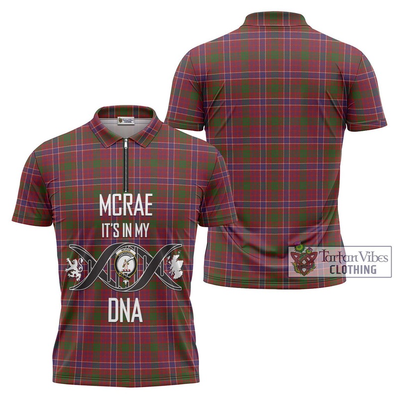 McRae Red Tartan Zipper Polo Shirt with Family Crest DNA In Me Style