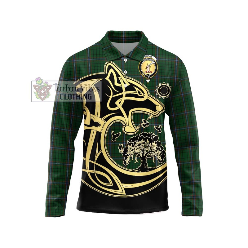 McRae Tartan Long Sleeve Polo Shirt with Family Crest Celtic Wolf Style