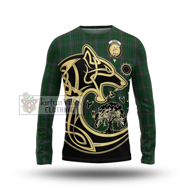 McRae Tartan Long Sleeve T-Shirt with Family Crest Celtic Wolf Style