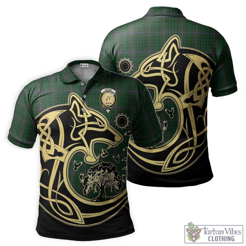 McRae Tartan Polo Shirt with Family Crest Celtic Wolf Style