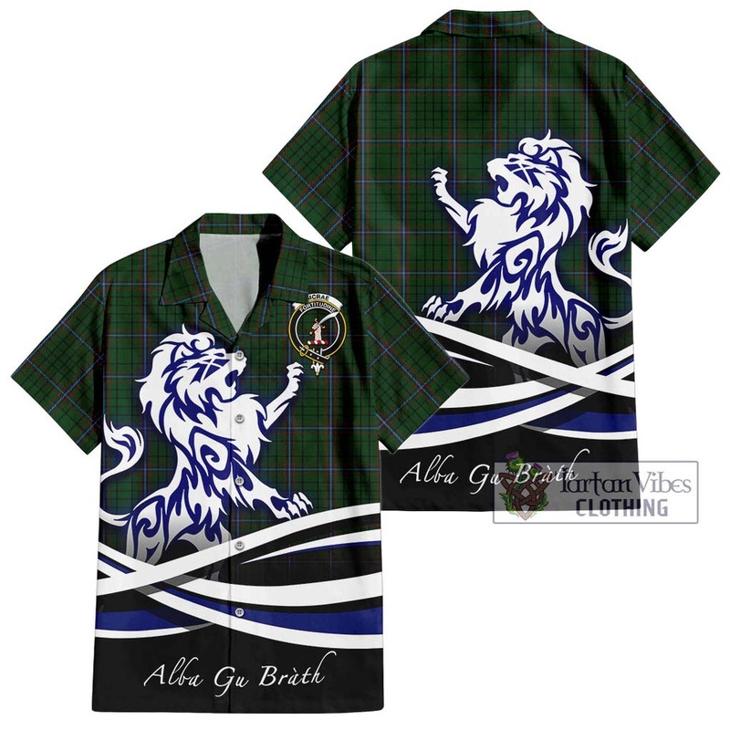 McRae Tartan Short Sleeve Button Shirt with Alba Gu Brath Regal Lion Emblem