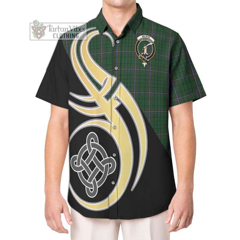 McRae Tartan Short Sleeve Button Shirt with Family Crest and Celtic Symbol Style