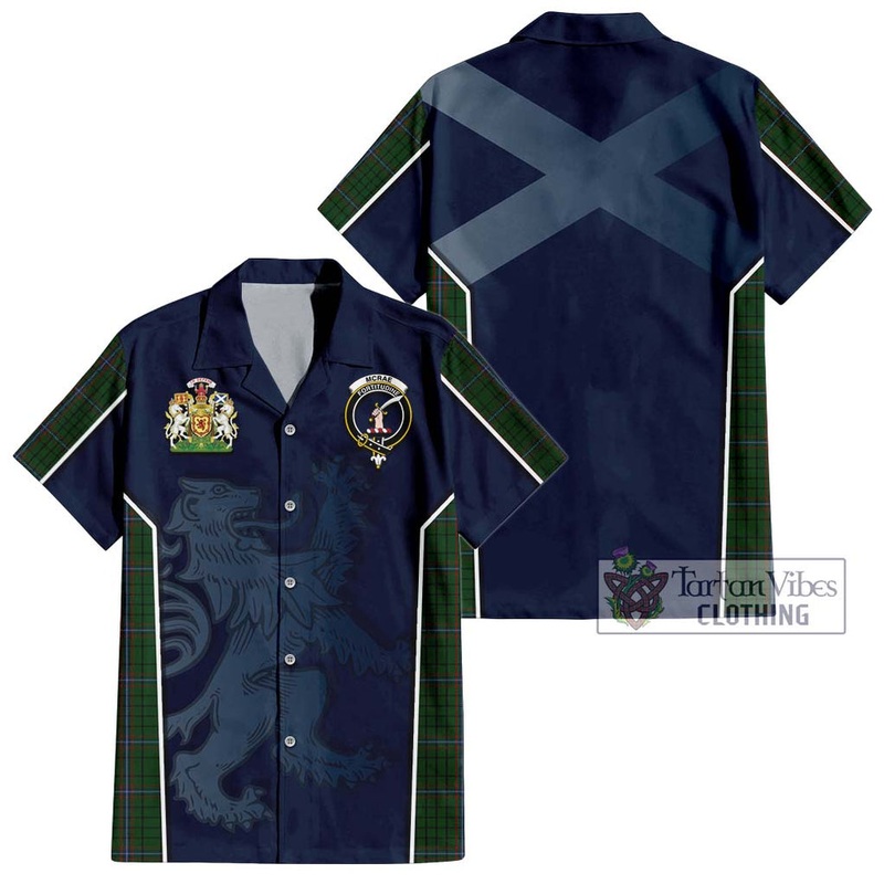 McRae Tartan Short Sleeve Button Shirt with Family Crest and Lion Rampant Vibes Sport Style