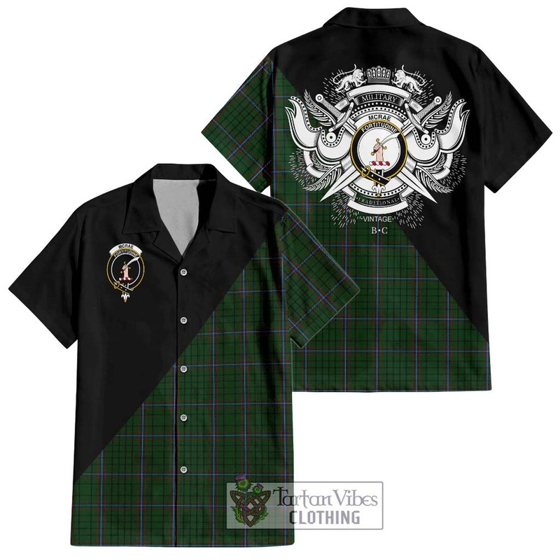 McRae Tartan Short Sleeve Button Shirt with Family Crest and Military Logo Style