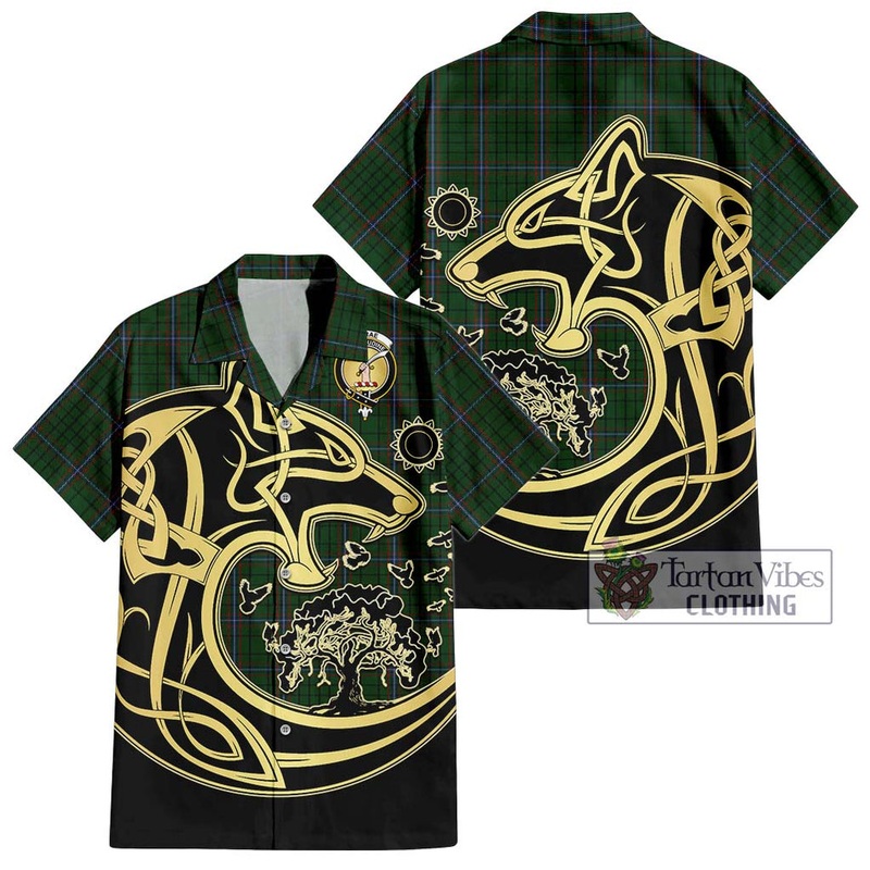 McRae Tartan Short Sleeve Button Shirt with Family Crest Celtic Wolf Style
