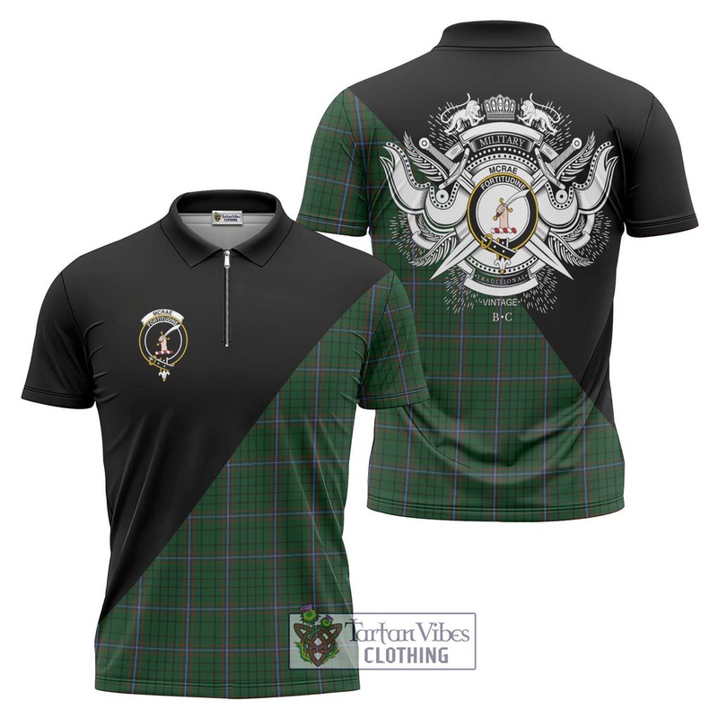 McRae Tartan Zipper Polo Shirt with Family Crest and Military Logo Style