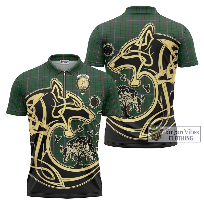 McRae Tartan Zipper Polo Shirt with Family Crest Celtic Wolf Style